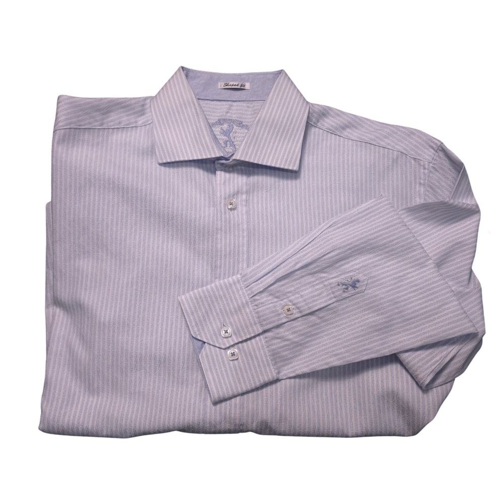 Bugatchi Uomo Mens Light Blue Striped Shaped Fit Cotton Dress Shirt Size Medium